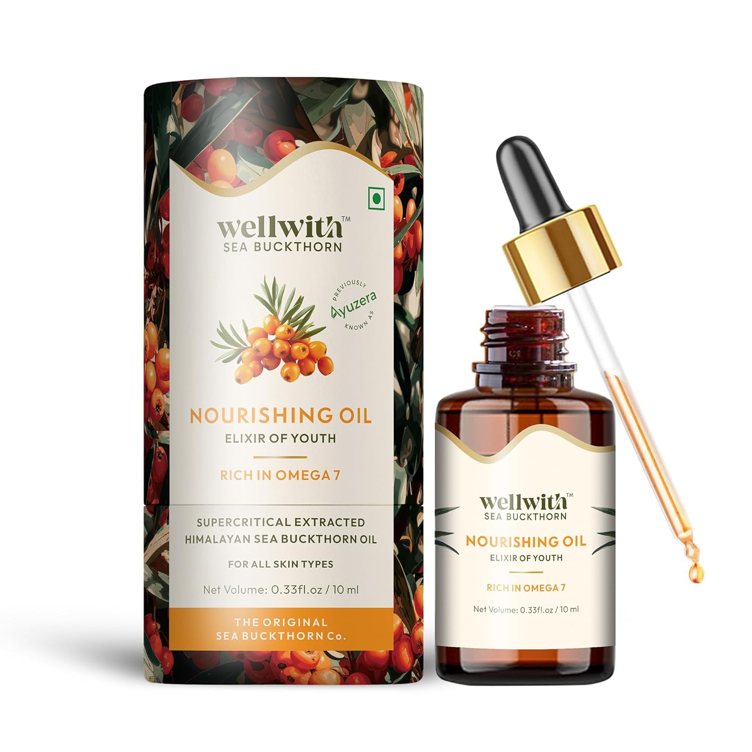 Wellwith by Ayuzera Sea Buckthorn Berry Oil 10ml | Face & Hair Serum | Nourishing Oil | Omega 3,6,7 & 9 | Collagen Boostin