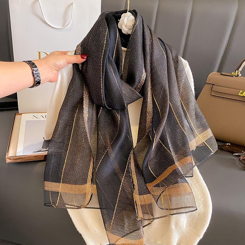 Silk Feeling Long Satin Scarf Fashion Beach Scarf Shawl Check Style Sunscreen Shawls Wraps-Lightweight Pattern - Image 3