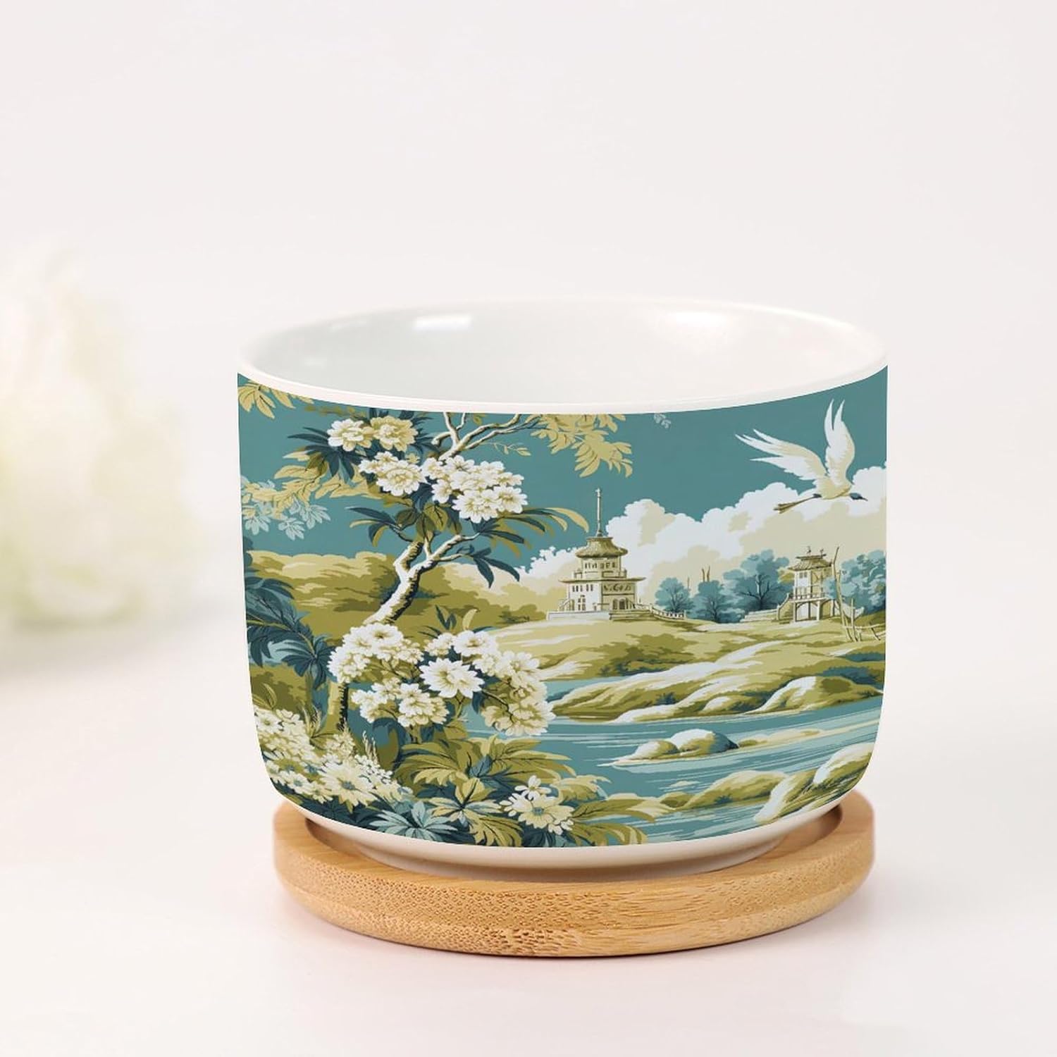 Asia Tiered Tower Garden Small Plant Pot Ceramics Set of 5 Green Chinoiserie Flower Bird Ceramics Pots for Plants with Drainage Bamboo Trays Chinoiserie Succulent Planter