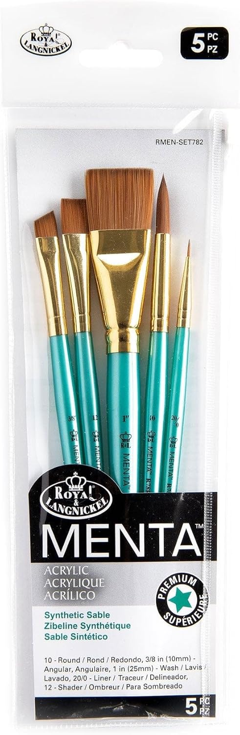 Royal & Langnickel Menta, 5pc Shader Variety Brush Set, Includes - Wash, Round, Shader, Angular & Liner Brushes Teal