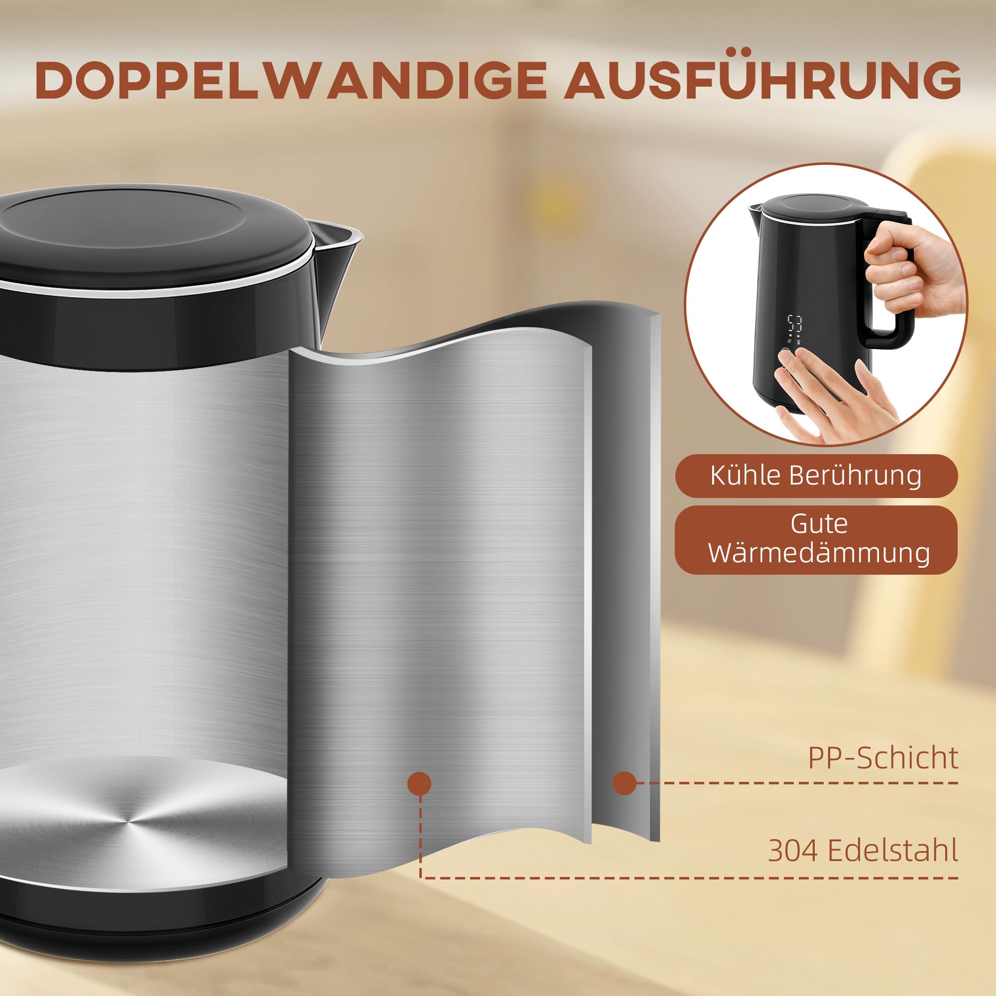 HOMCOM Wasserkocher Toaster Set Edelstahl 1,5L 2200W 2 Scheiben 7 Bräunungsstufen Schwarz