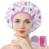 Years Calm Evil Eye Shower Caps for Women Reusable Waterproof, Pattern and Solid Color Dual-Layer Design, Hair Cap for Shower with Elastic Band, Fits Braids, Dreadlocks & Long Hair (Purple)