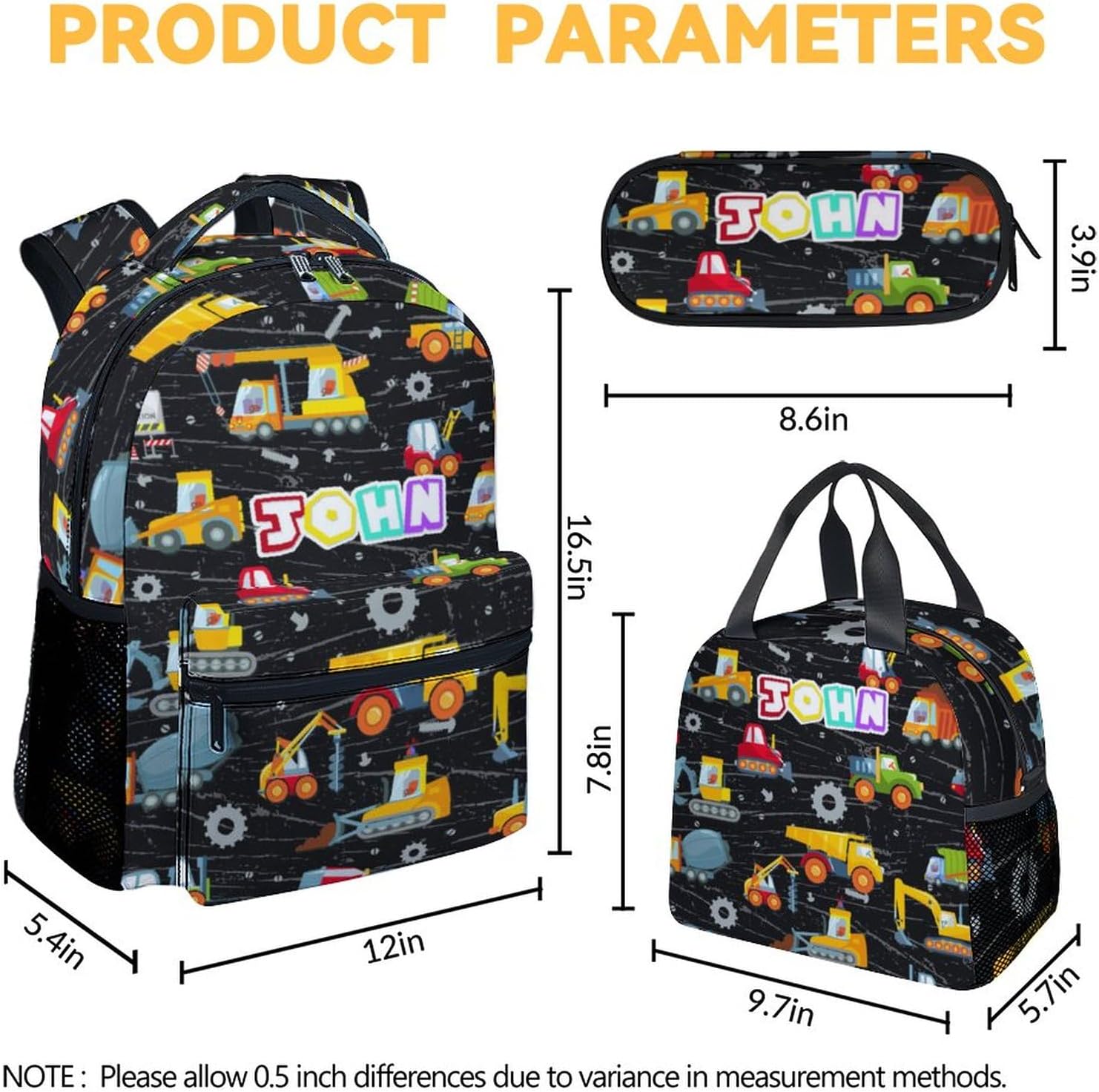 Custom Construction Backpack with Lunch Box, Personalized Set of 3 School Backpacks Matching Combo, Cute Lightweight Truck Excavator Bookbag and Pencil Case Bundle