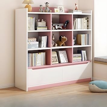 LITFAD Modern Wood Bookcase with Closed Back and Shelves Bookshelf Freestanding Display Cabinet Toy Storage Cabinet for Home - Pink 39" L x 9" W x 57" H