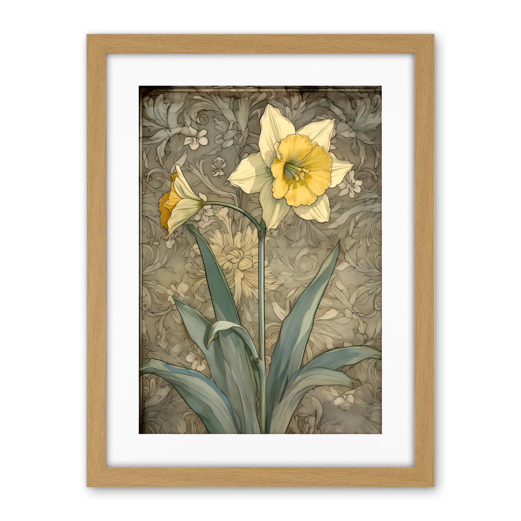 Artery8 Daffodil Flower Pastel Watercolour Art Nouveau Artwork Framed Wall Art Print 18X24 Inch