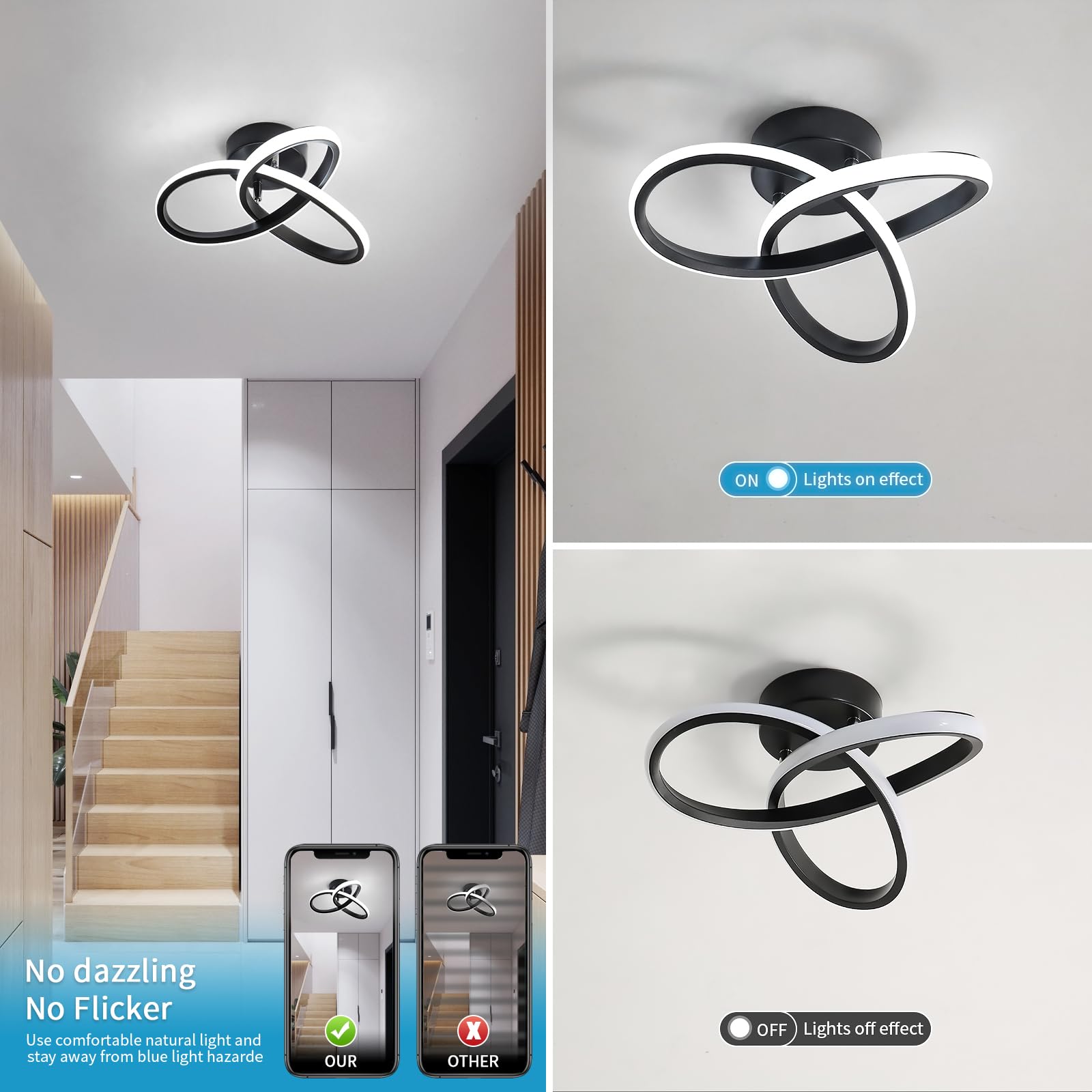 Toolight Plafonnier LED Moderne 22W 2500LM, Forme de Trèfle, Lampe Plafond Noir pour Couloir Cuisine Salle de Bain Chambre Salon, Blanche Froide 6500K, Dia 25cm
