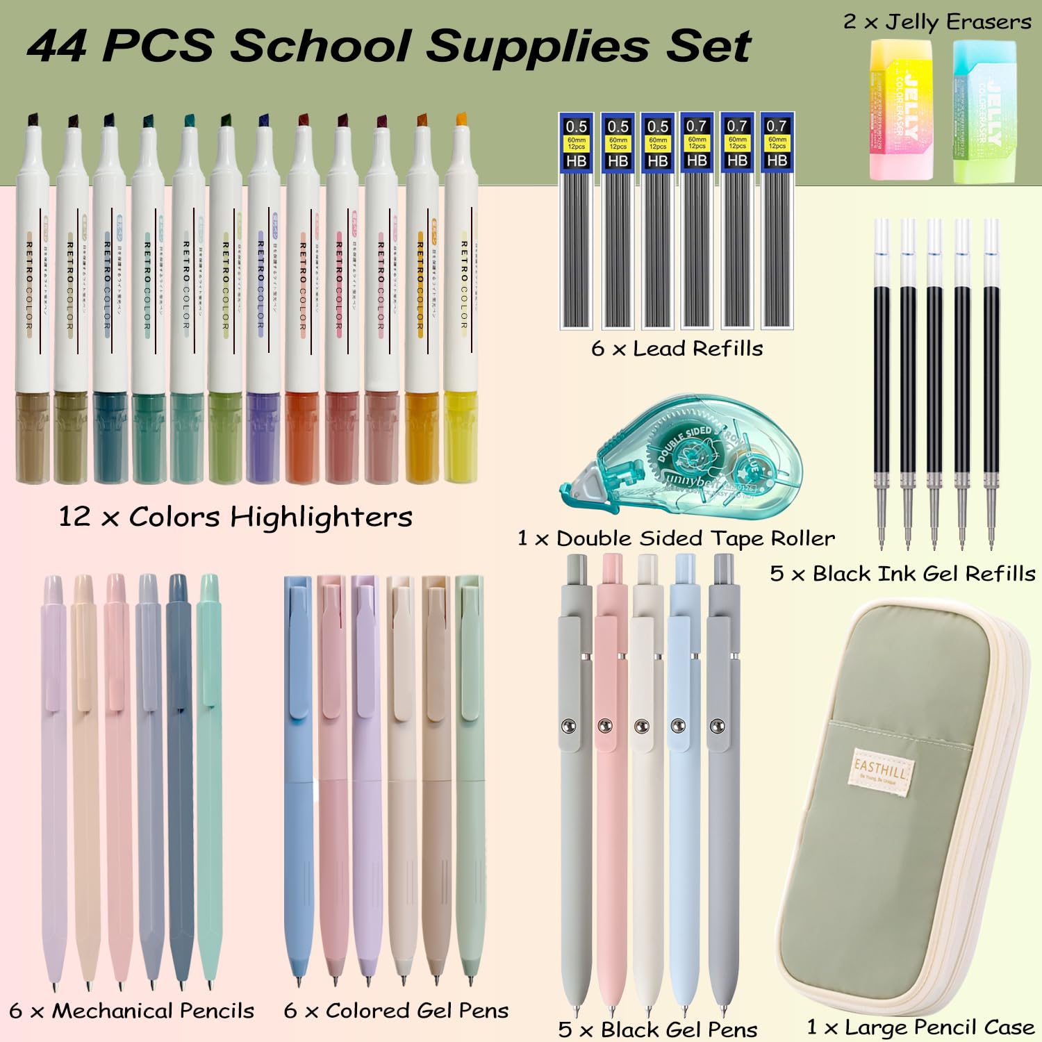 44 PCS Aesthetic School Supplies with Pencil Case, 12 Pastel Highlighters, 5 Black Ink Gel Pens, 6 Colored Gel Pens - Image 2