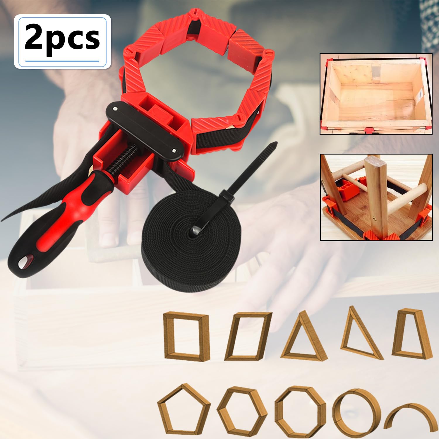 2 tensores de marco, 4 mordazas con 6 metros de correa de nailon como tensor de cinta para pegar y atornillar piezas de trabajo en ángulo recto, regulables sin niveles, HBT: 3 x 10 x 28 cm, para