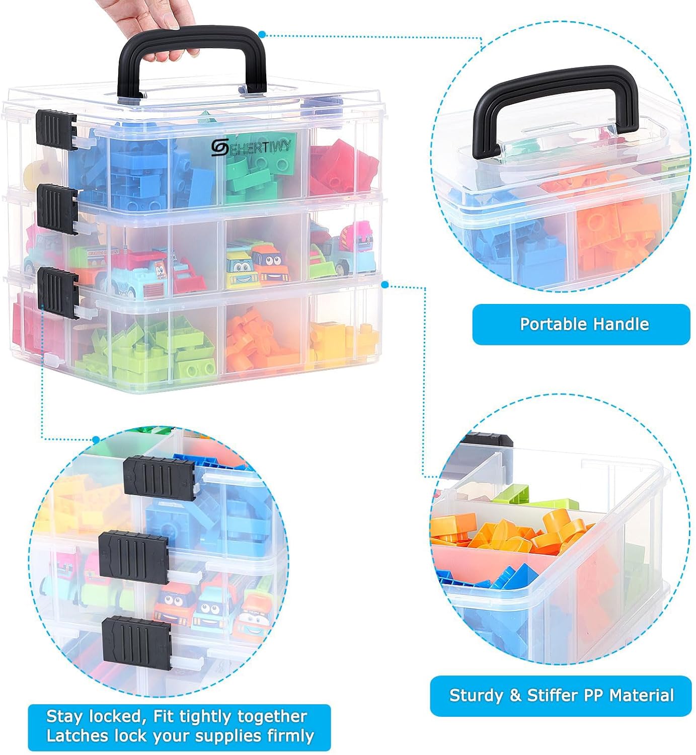 SEHERTIWY Modern Plastic 3-Tier Stackable Storage Box with 18 Compartments, Multifunctional, Adult, Clear