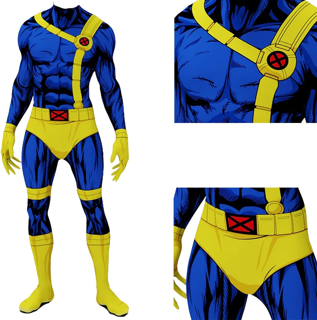 Cyclops Costume Adult Men Printed Jumpsuit with Glasses Superhero Scott Summers Cosplay Bodysuit for Halloween
