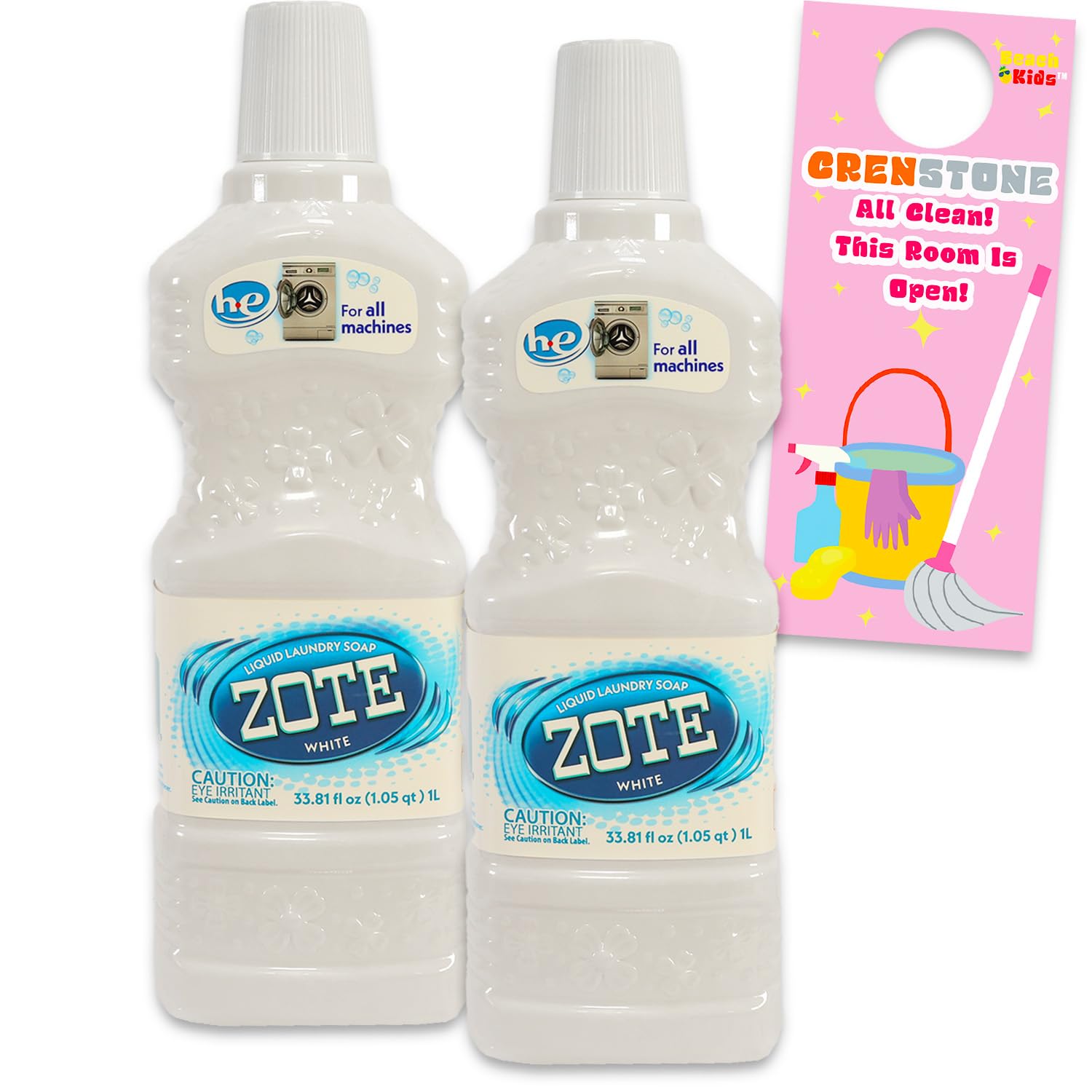 Zote Liquid Laundry Detergent 2 Pack - 2 x 1 Litre Bottles, Unscented, White, Plus Door Hanger