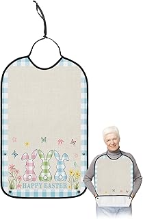 BOBOWUNY Spring Easter Adult Bibs for Elder Women Men Eating, Blue Plaid Bunny Floral Linen Texture Waterproof & Washable Bibs for Eating Clothing Protector Dining Bibs for Crumb Catcher