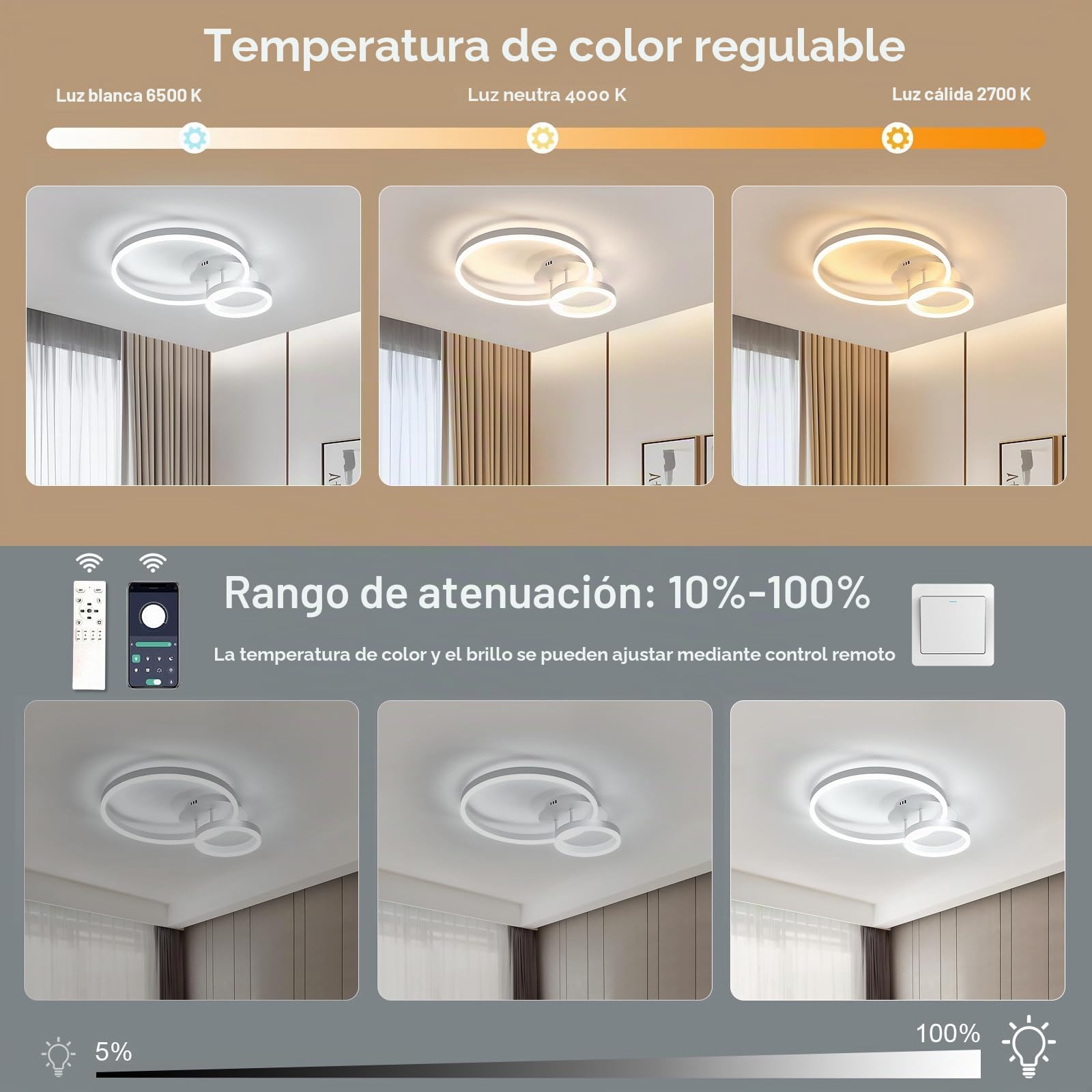 Osairous Plafon LED Techo Regulable, 42W 4725LM Moderno Lampara con Mando a Distancia 3000K-6500K, Redondo Luz de Techo Acrílico para Salón Dormitorio Cocina Pasillo, Ø50cm
