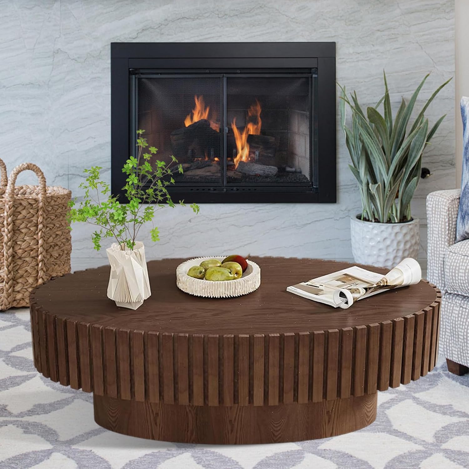 Round Drum Coffee Table Modern Unique Handcraft Fluted Coffee Table Circle Wooden Center Table Pedestal Tea Table for Living Room Apartment,Brown,Oval