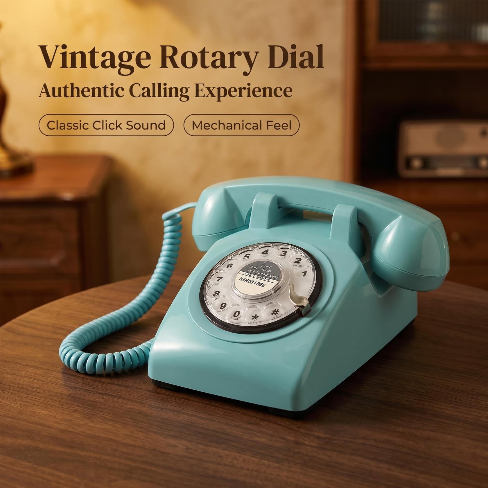 Retro Design przewodowy telefon stacjonarny, klasyczny vintage staromodny obrotowy cyferblat telefon stacjonarny dom biuro hotel wystrój, niebieski