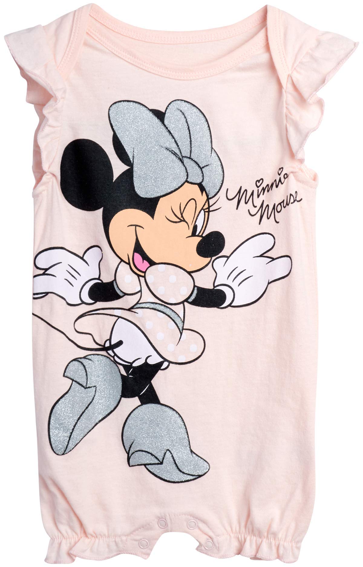 Disney Baby Girls Romper 2 Pack: Minnie Mouse Ruffle Sleeve Romper (Newborn/Infant), Size 0-3 Months, Baby Pink Minnie/Baby Pink Heart Stripes
