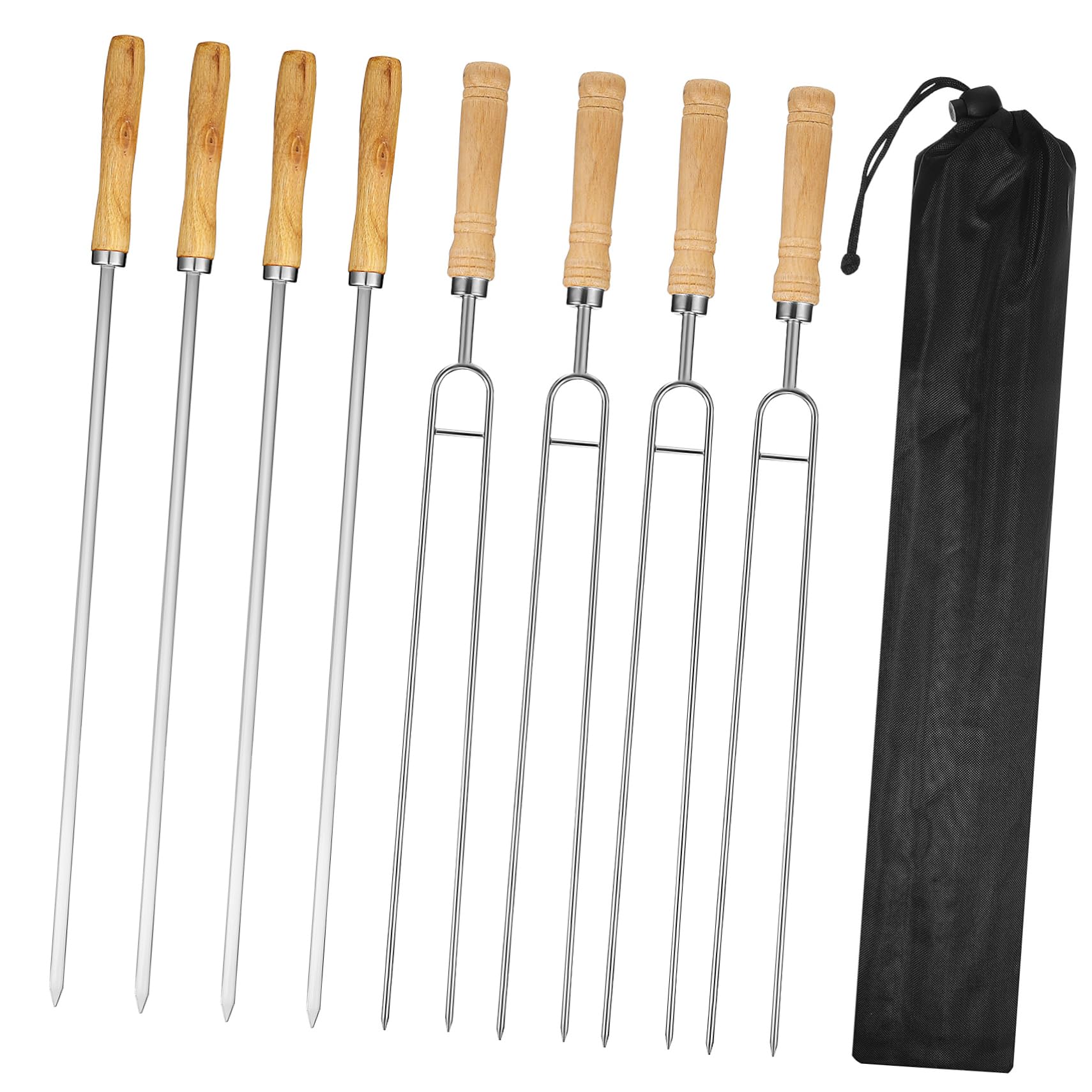 VANZACK 8pezzi Spiedini Barbecue in Acciaio Inox Bastoncini per Grigliare e Servire con Manico in Legno per Arrostire Sul Fuoco da Campo Spiedini Doppia Testa e Testa Colore Casuale
