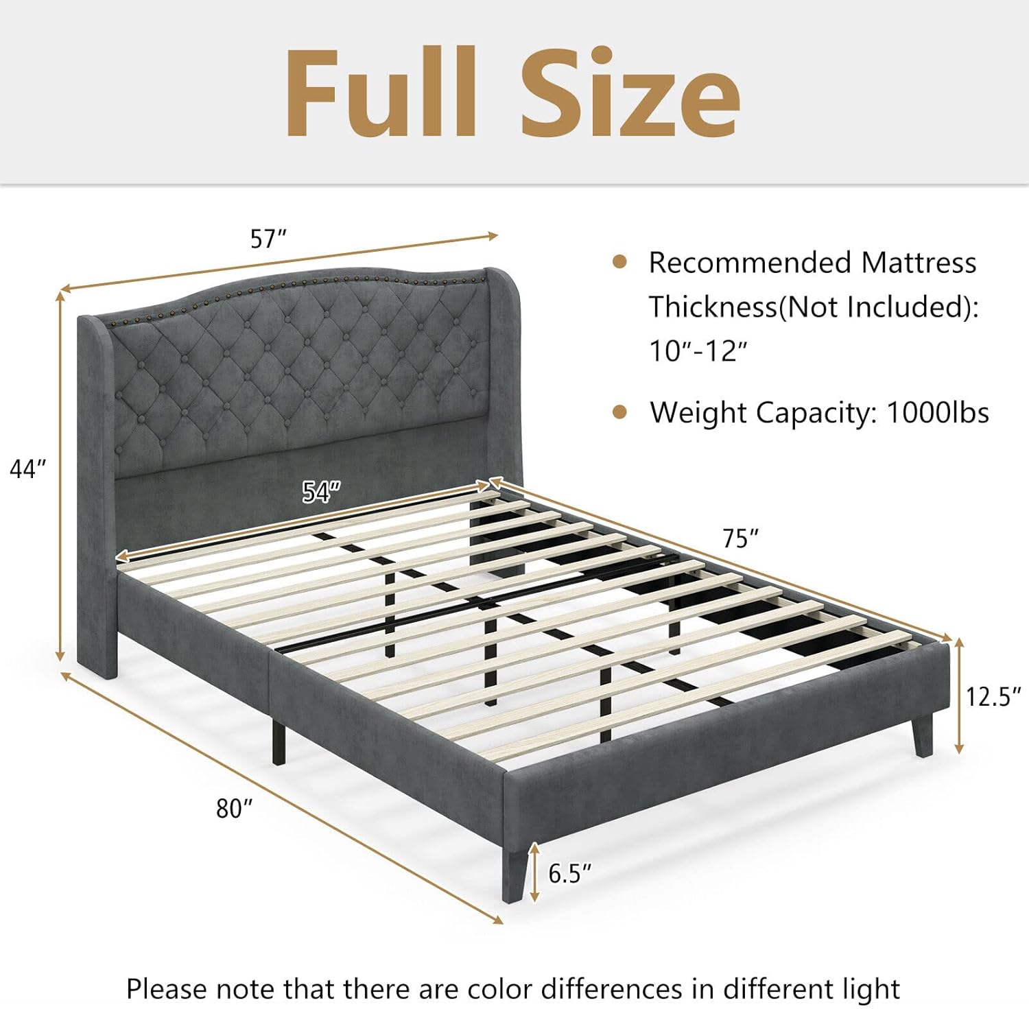 GORELAX Upholstered Full Bed Frame, Low Velvet Mattress Foundation w/Wood Slats & Noise-Free EVA Foam, Button Tufted Wingback Headboard, No Box Spring Needed, Double Platform Bed Frame Full Size