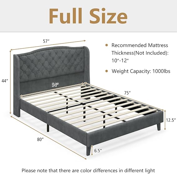 Upholstered Full Bed Frame w/Wood Slats & Noise-Free EVA Foam
