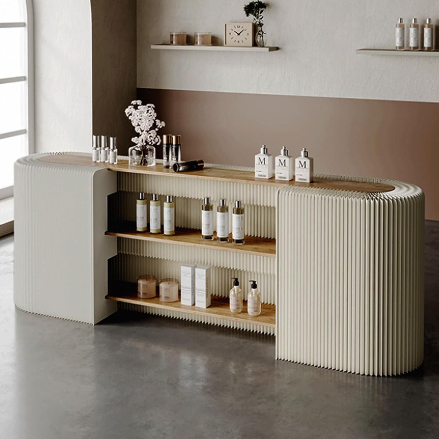 Reception Desk Front Counter Desk Three-Layer Storage Rack, Pop Up Accordion Design Trade Show Table for Shopping Mall Retail Promotion Exhibition,51.1 * 26.7 * 22.8in