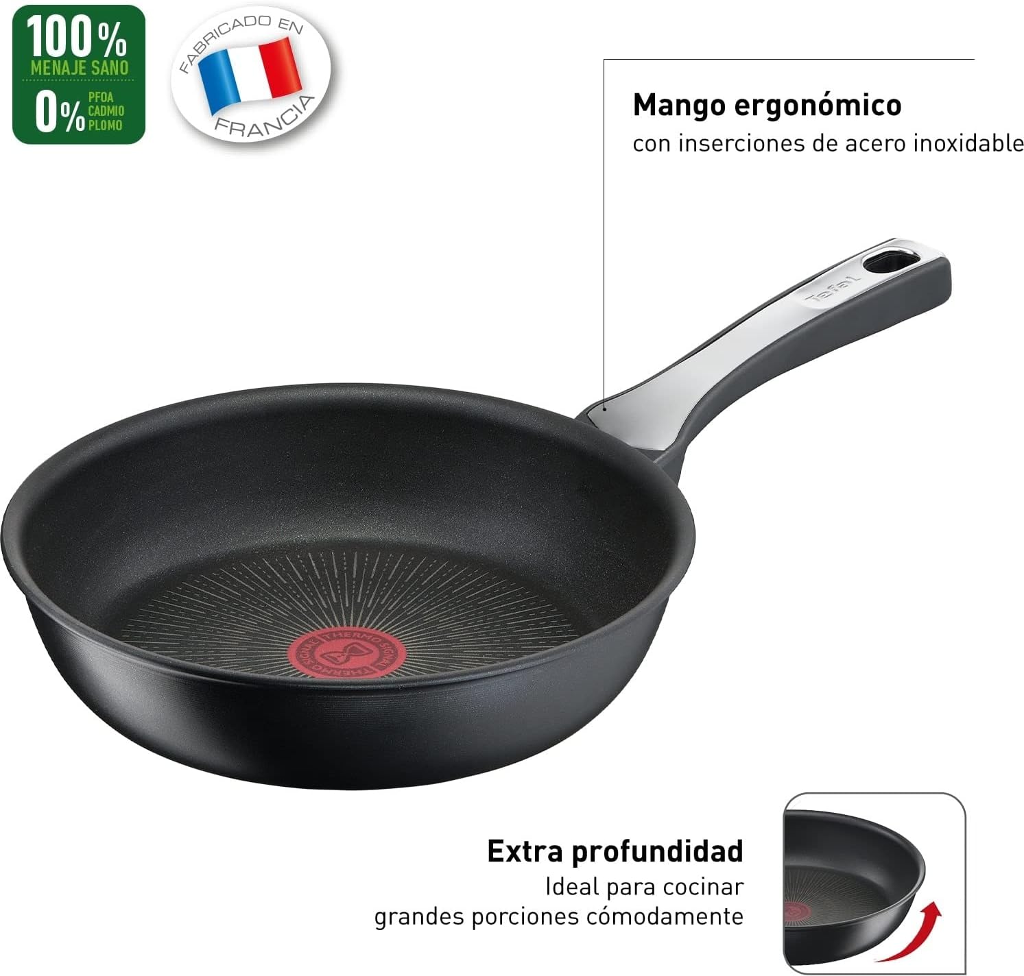 Tefal Unlimited On - 20/24/28 cm con revestimiento muy resistente, Thermo-Signal, Thermo-Fusion, forma profunda, todo tipo de cocinas, apto para horno, sin PFOA, Color Negro, Juego 3 sartenes