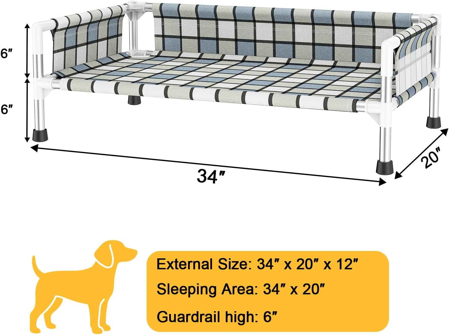 Elevated Raised Outdoor Dog Bed - Cooling Washable Dog Cot with Guardrail, Durable & Breathable Cotton Mesh Pet Hammock Beds with Stainless Steel Pipe Frame for Medium Pets (34'' x 20'' x 12'')