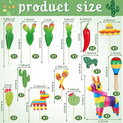 Miniatura 2 de 15 piezas de decoración de cupcakes temática mexicana, decoración de cactus, piñata, taco, decoración de fiesta con martillo de arena de madera y