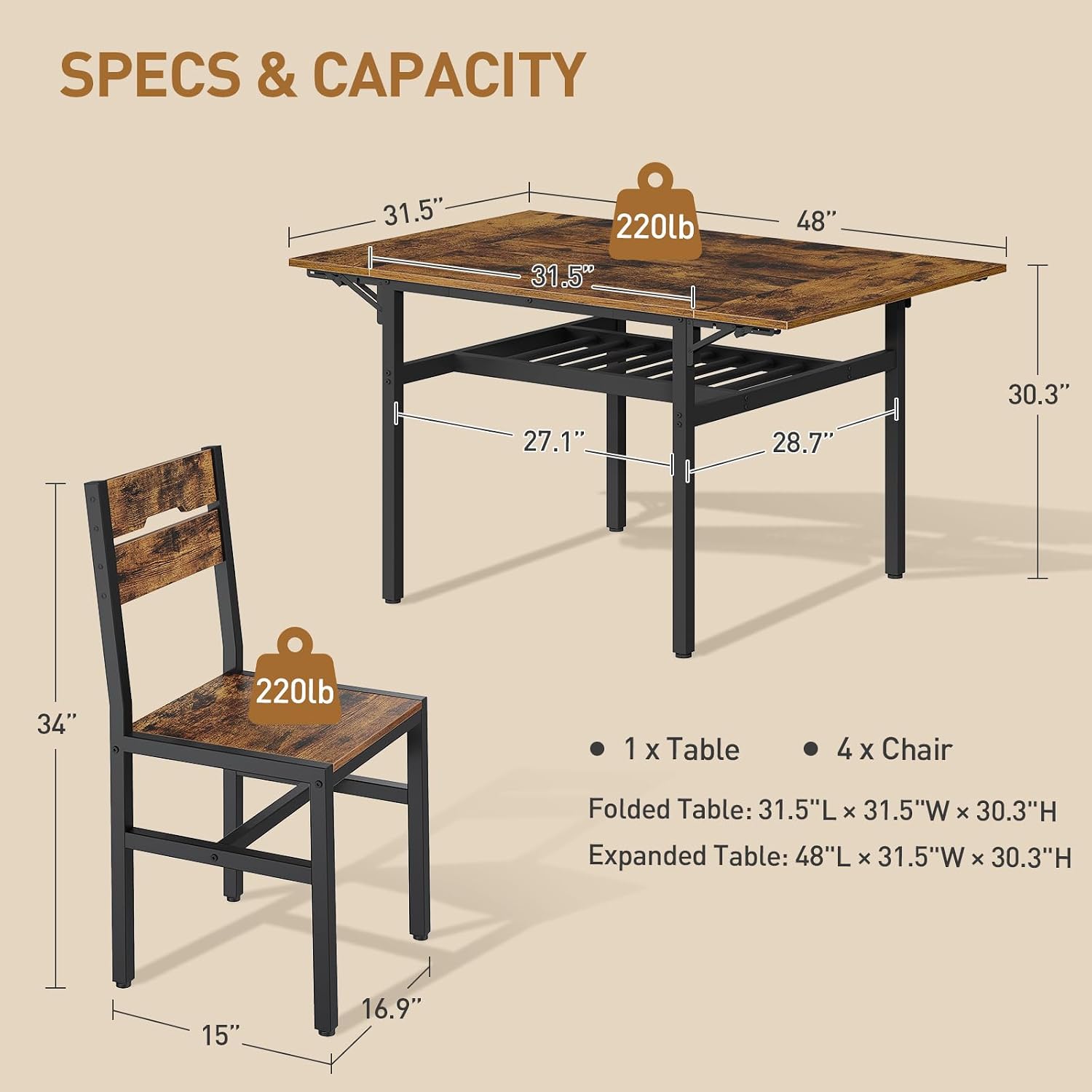Dimensions and weight capacity of RALGEND dining table and chair.