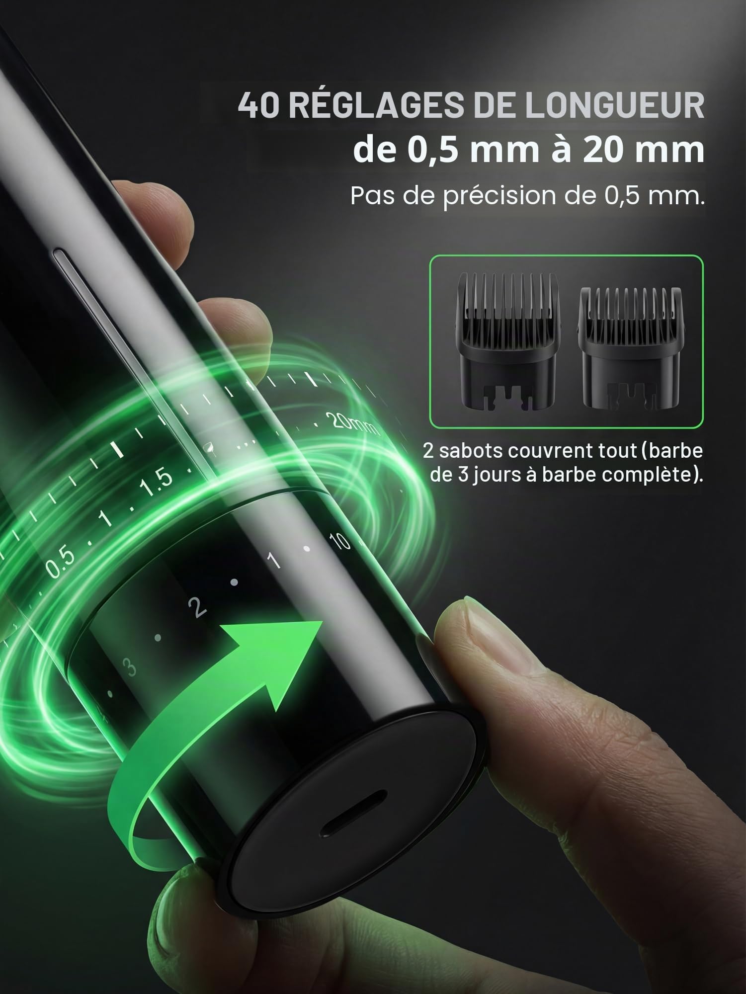 Tondeuse à barbe pour homme – 2 vitesses d'aspiration et puissance réglables, IPX6 étanche humide/sec, sans fil, 40 réglages de longueur (0,5 à 20 mm), charge rapide USB-C, bac magnétique facile à