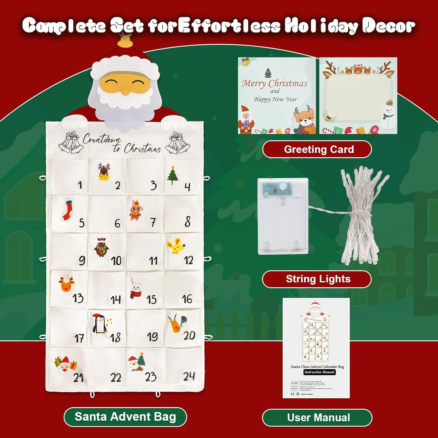 cshare Advent Calendar 2024, Hanging Advent Calendar with Pockets Countdown to Christmas with String Lights Timer, 5.1 * 2.23ft Empty Advent Calendars to Fill Fabric Holiday Christmas Decorations