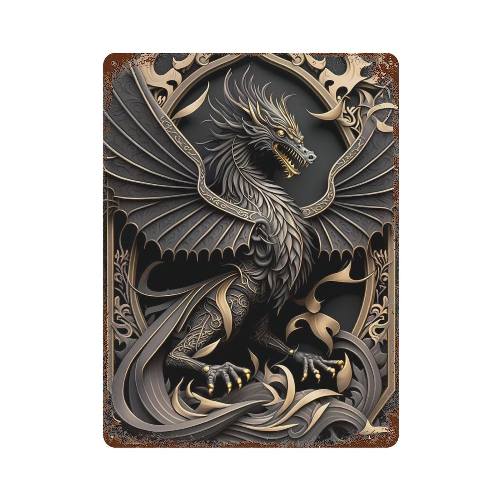 Weathered Tin Sign with Golden Dragon Guardian Design 15.7"x11.8", for Office, Studio And Wall Decor, Retro Wall Decor
