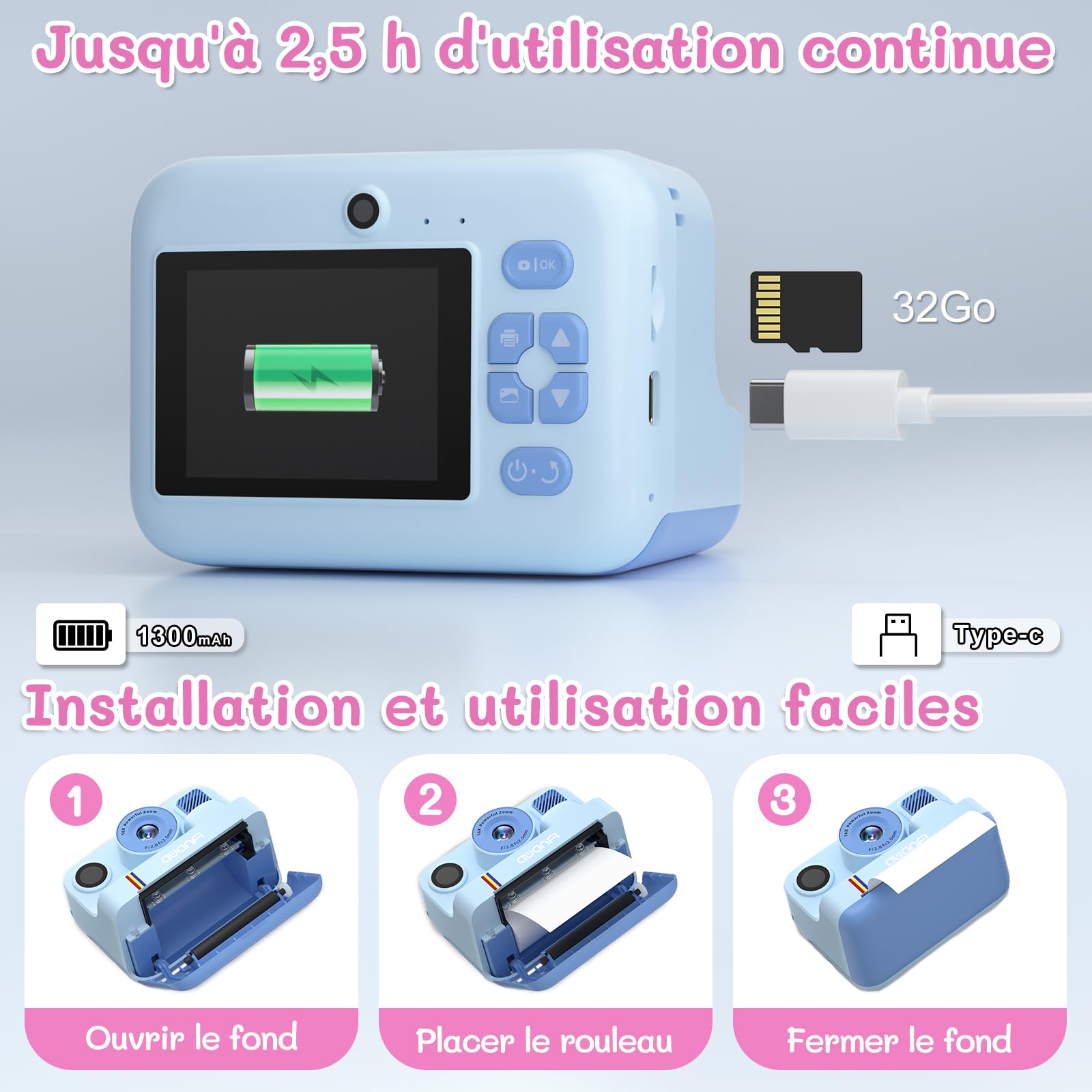 Appareil Photo Instantané Enfant Cadeau Jouet Fille Garçon 3-12 Ans, AWANFI Caméra Numérique Vidéo 1080P Carte 32GB avec 3 Rouleaux de Papier et Impression APP Bluetooth