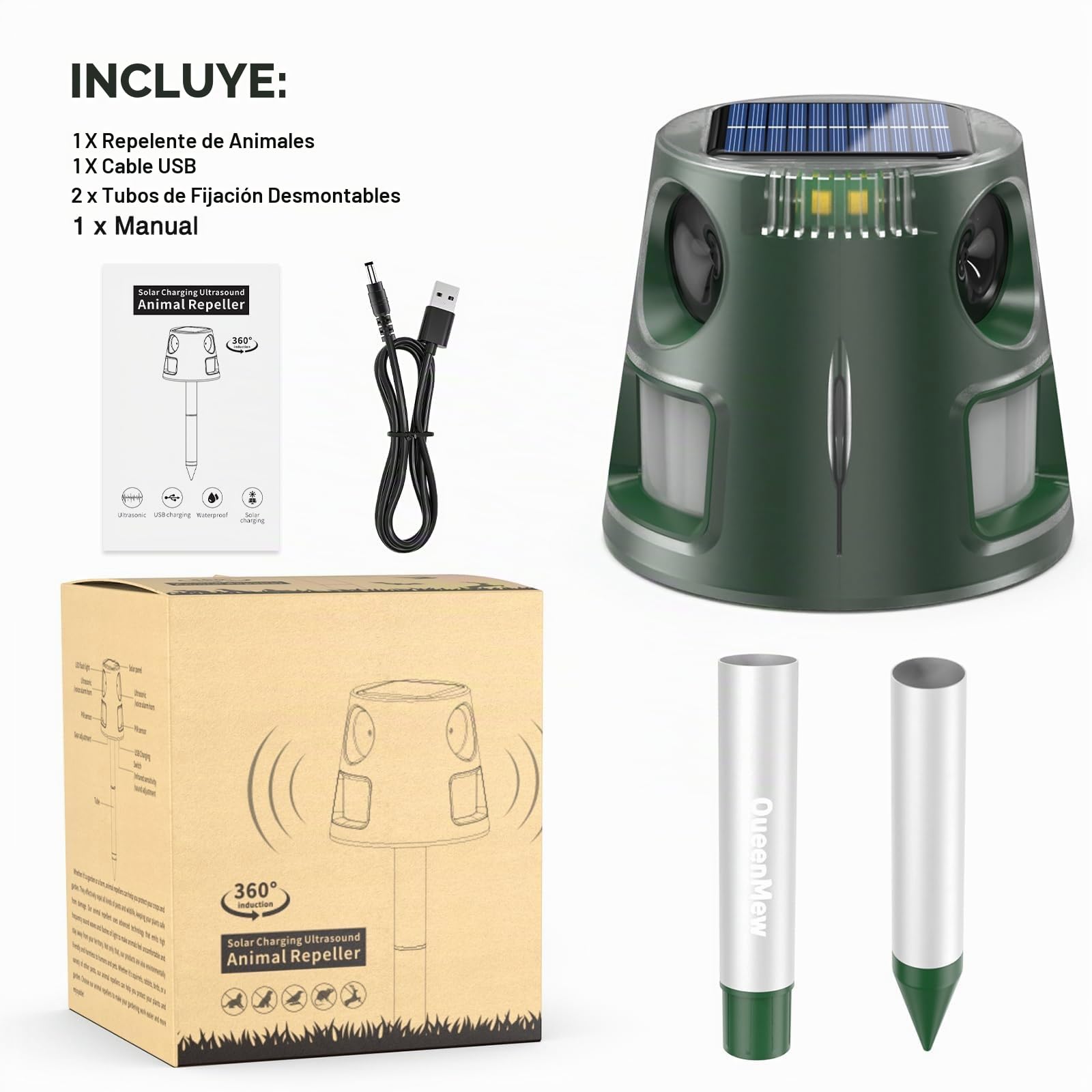 Ahuyentador de gatos ultrasónico solar, para jardín, impermeable, 5 modos, ajustable, carga solar, 360°, eficaz para gatos, perros, pájaros, ratones