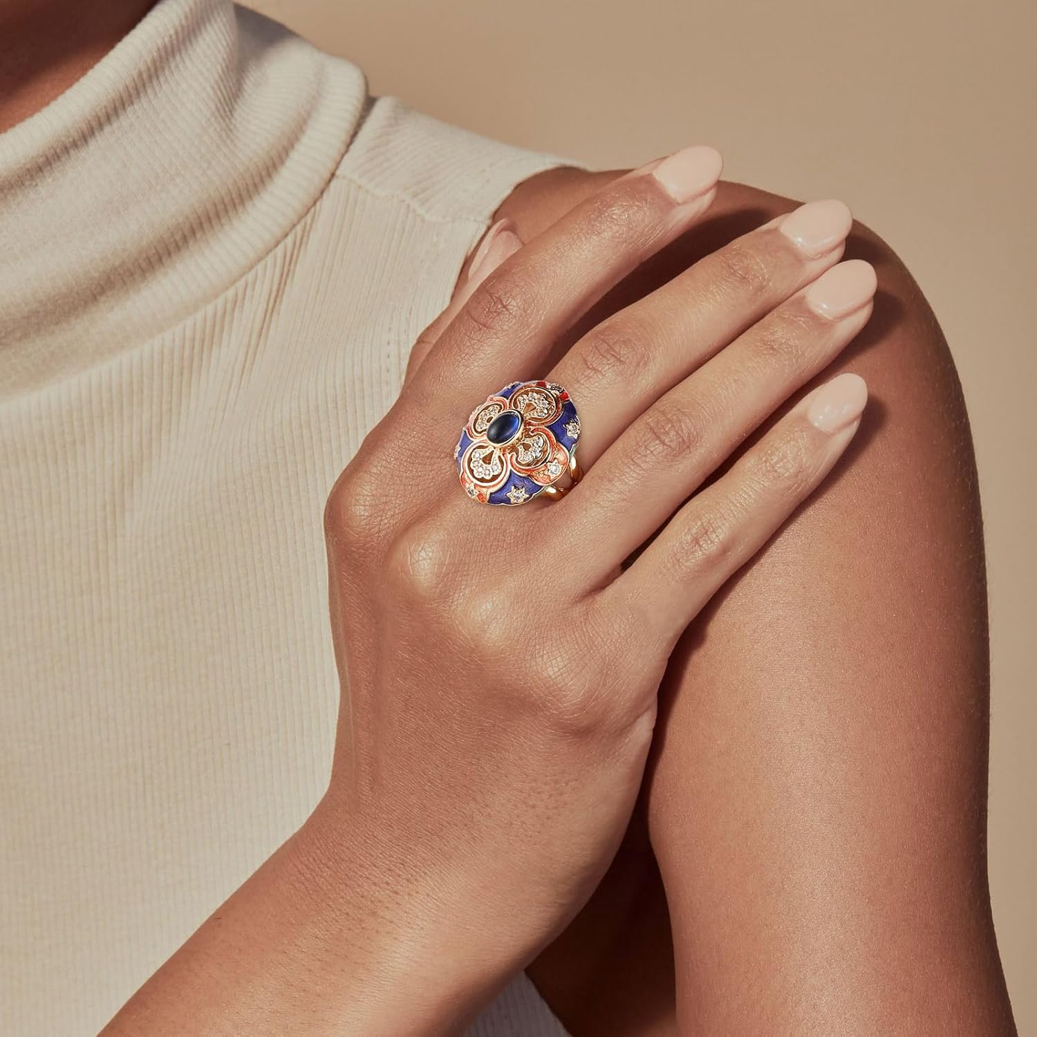 HZMAN Vintage Palace Style Chunky Cross Open Ring for Women, Adjustable Antique Brass Ring with Blue Crystal Center & Enamel Art, Handmade Statement Jewelry