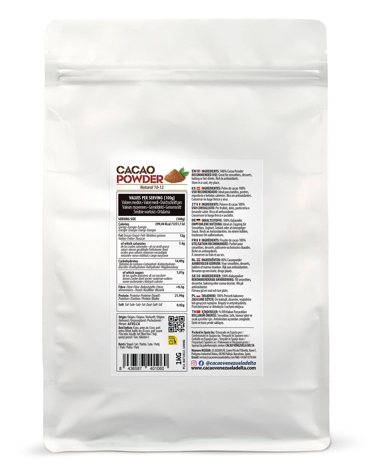 Cacao V Delta Cacao En Poudre Non Sucré 1Kg- Chocolat En Poudre Sans Additifs Idéal Pour Desserts Et Chocolats Riche En Antioxydants Et Acides Essentiels Végétalien, Keto, Paleo, Sans Gluten