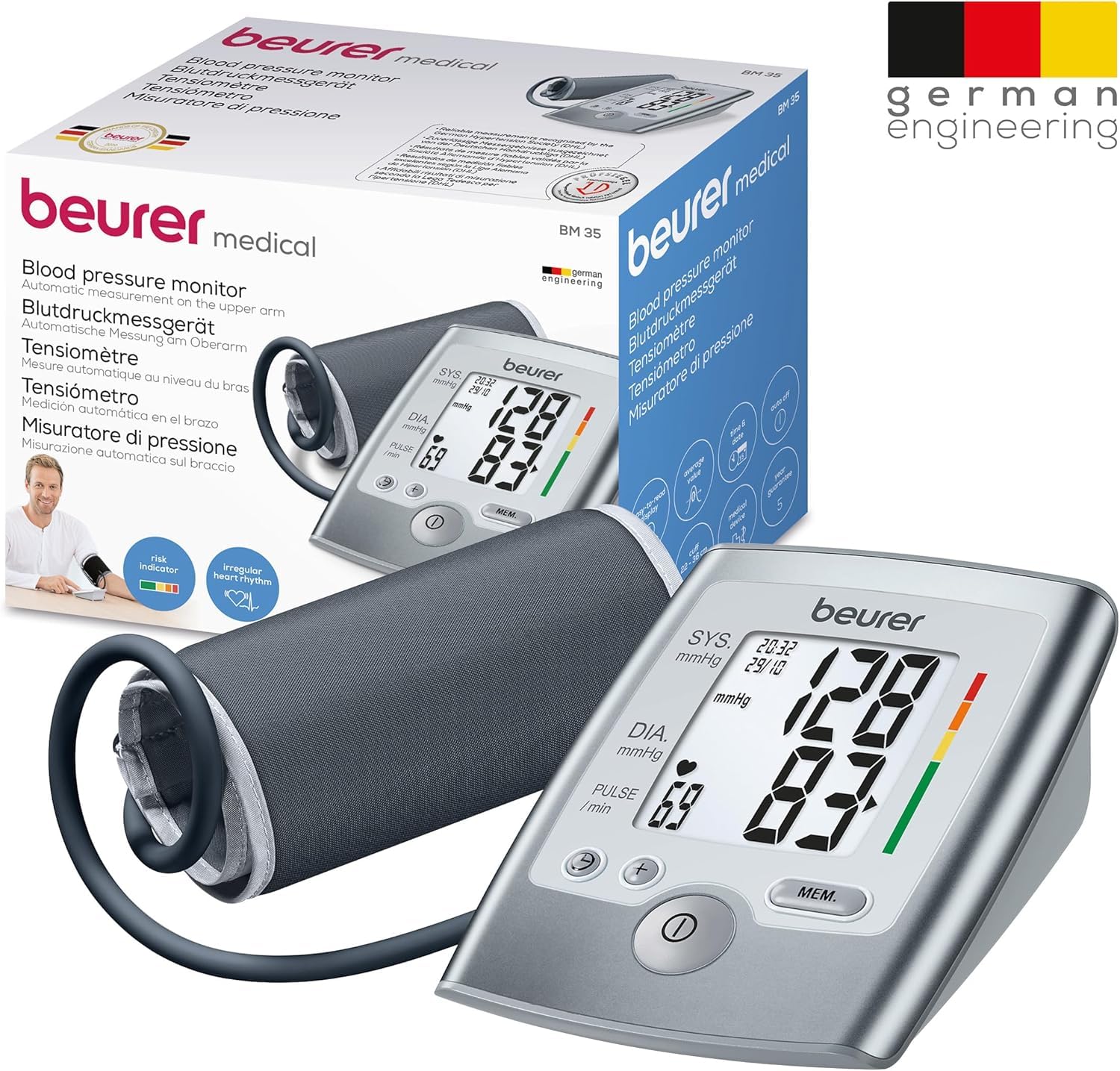 Beurer BM 35 Tensiómetro de brazo con indicador de riesgo y detección de arritmias, para circunferencias de brazo de 22-36 cm, mensaje en caso de errores de aplicación