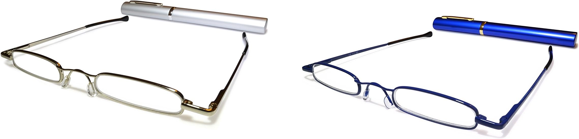 Metal Blue/Silver 2-Pack Reading Glasses +1.5, Ultra Slim and Lightweight, CE Certified/EN ISO 12870, Comes with Free Matching Oval Aluminium Tube with Clip