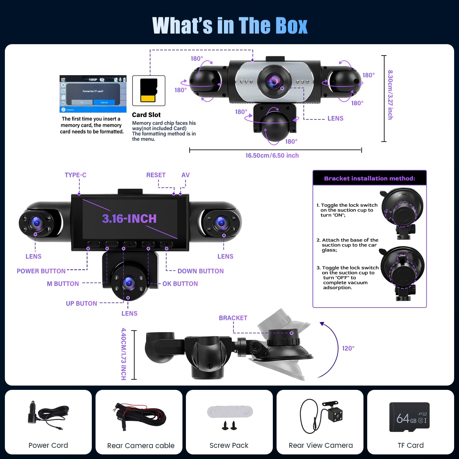 Inefala 5 Canales Dashcam Cámara Coche, Dash CAM Coche con IPS 3,2 Pantalla táctil Cámara para Coche 1080P con Tarjeta SD de 64GB Grabadora de Conducción Grand Angle Visión Nocturn Grabación de Bucle