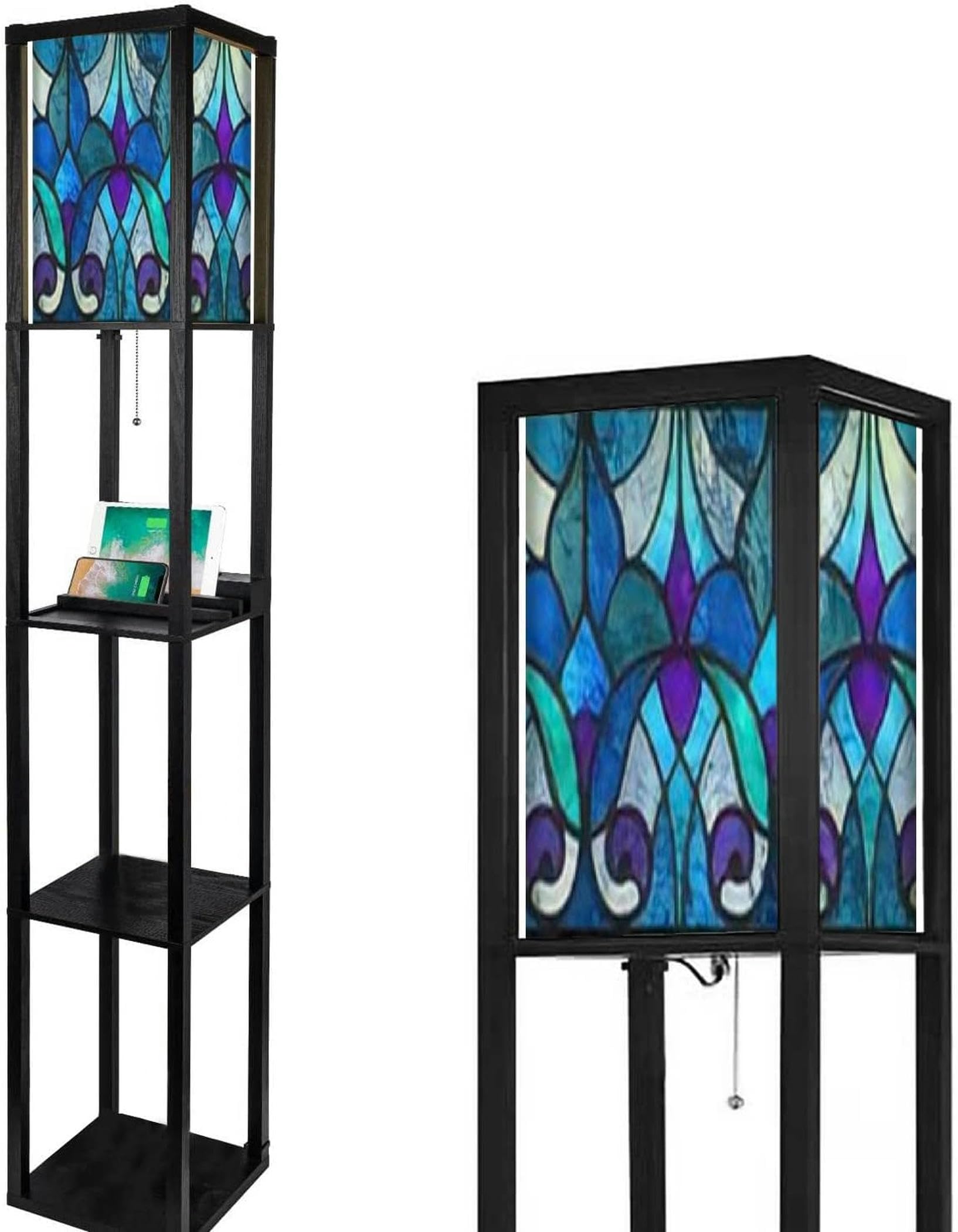 Lámpara de pie Art Nouveau con vidriera azul y estantes modernos con puertos USB integrados