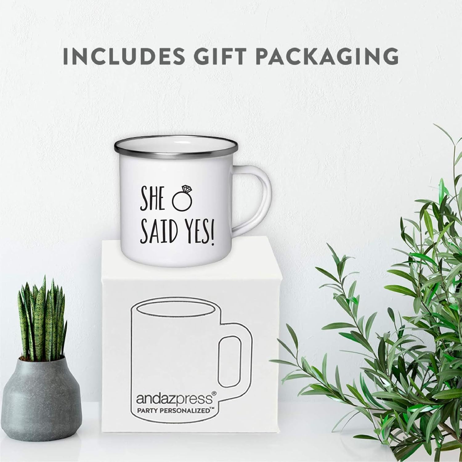 Andaz Press Wedding Engagement Stainless Steel Campfire Coffee Mugs Gift Set, He Asked, She Said Yes, 2-Pack, Metal Enamel Campfire Camp Cup Photo Shoot Props, Includes Gift Box