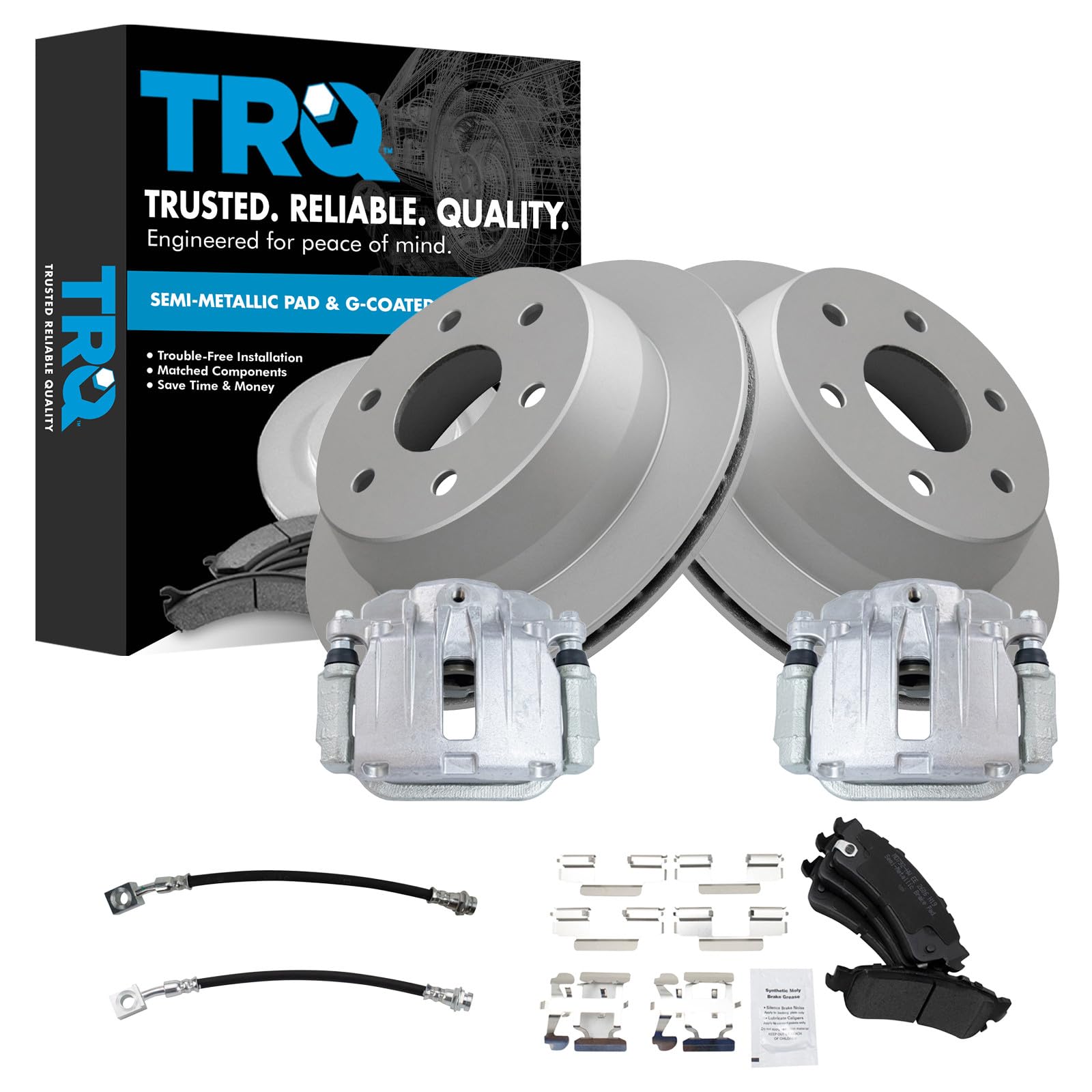 TRQ Rear Brake Pad and Rotor Set Semi Metallic Coated Rotors Calipers Compatible with 2000-2001 Chevrolet Tahoe GMC Yukon