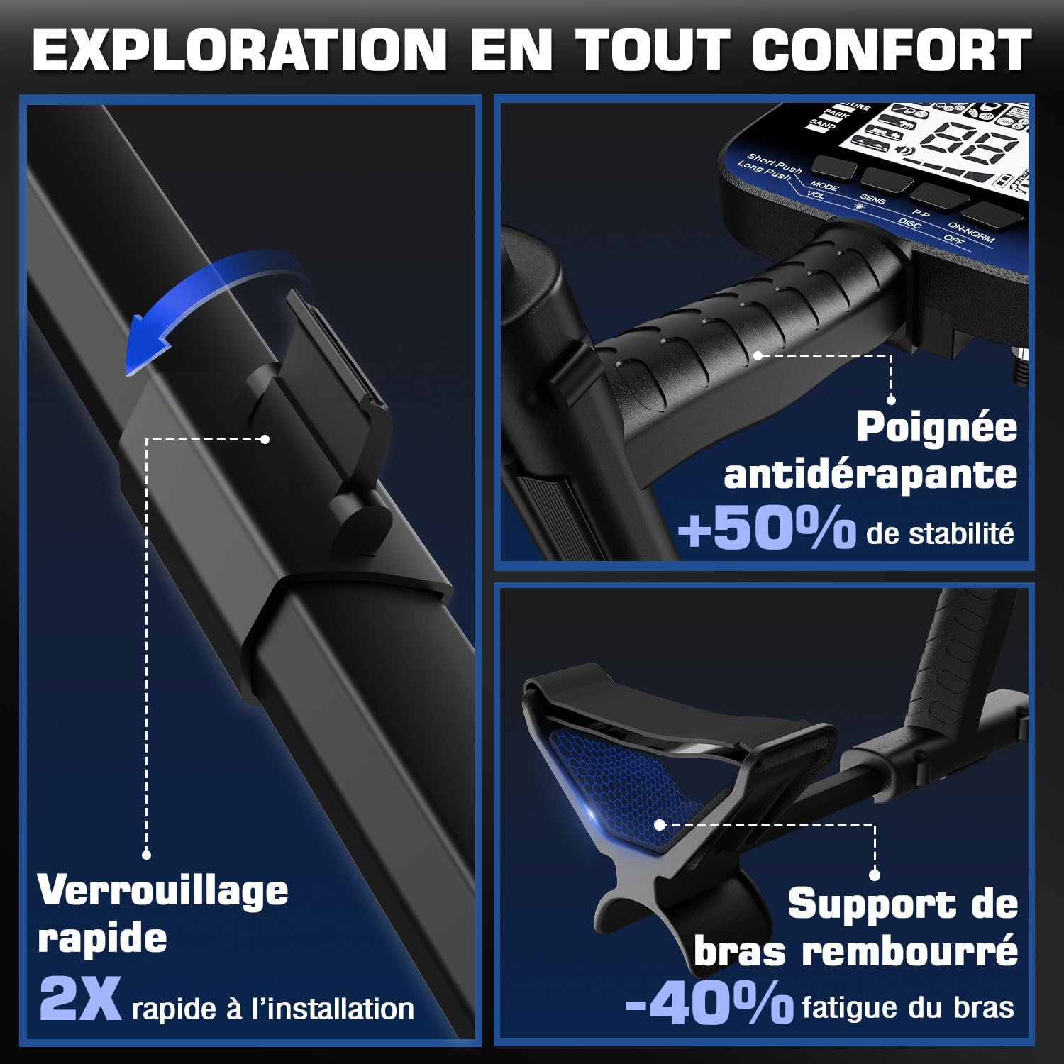 DR.ÖTEK Detecteur de Metaux Professionnel Kit pour Adultes Débutants, 6 Modes, Bobine IP68 Étanche, 3 Terrain Modes Terrain avec Pinpoint, Version améliorée, léger Détecteur de Métaux (AIR-Bleu)