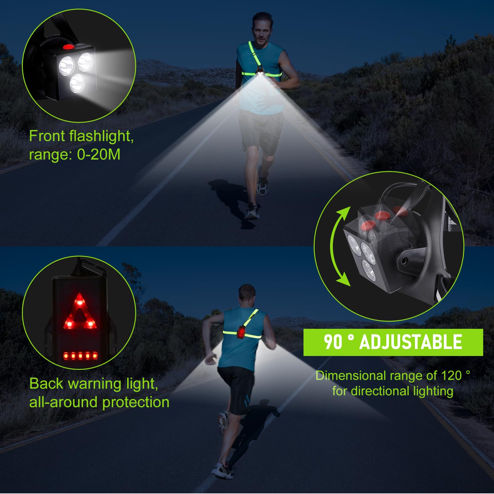 Nizirioo Luce da corsa con riflettori, lampada toracica ricaricabile USB, corsa con 3 modalità di luce, impermeabile, con luce posteriore rossa, per corsa, campeggio, escursionismo, jogging
