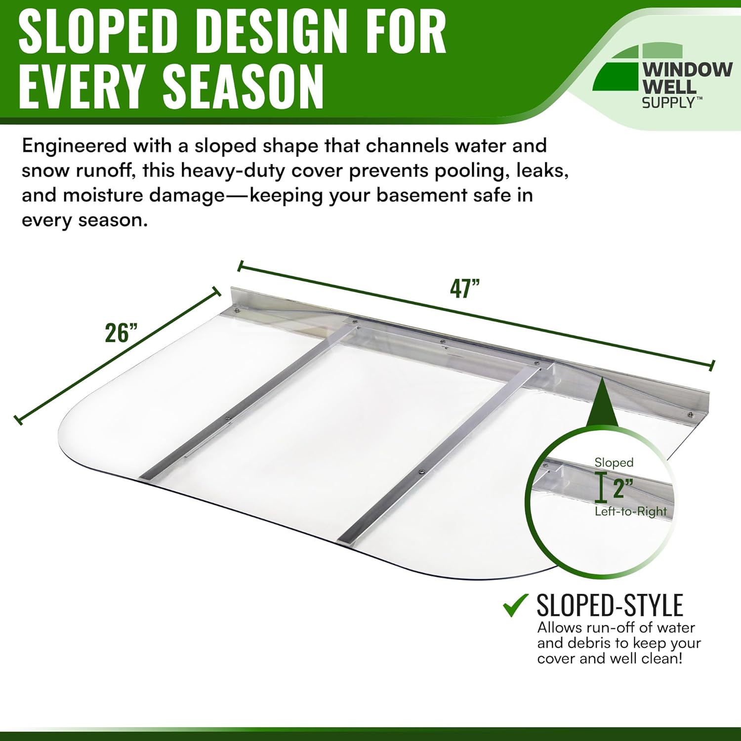 Medium Sloped Clear Polycarbonate Window Well Cover 47" W x 26" L - Heavy Duty Basement Window Well Covers Outside Protection from Debris & Rain, UV-Resistant & Rust-Free Basement Windows Cover