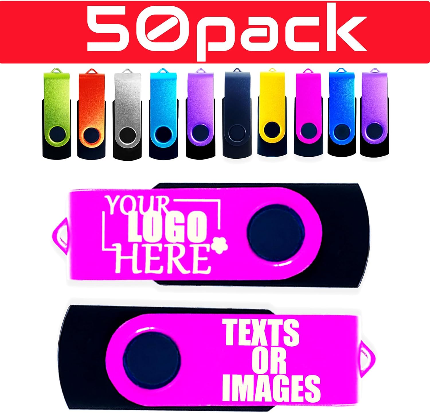 Custom USB Flash Drive 256MB 50 Pack Promotional Product Customized USB Thumb Drive,Customizable USB Drive Personalized with Your Logo Bulk USB 2.0 Personalized USB Stick 50pcs Multiple Color Choice