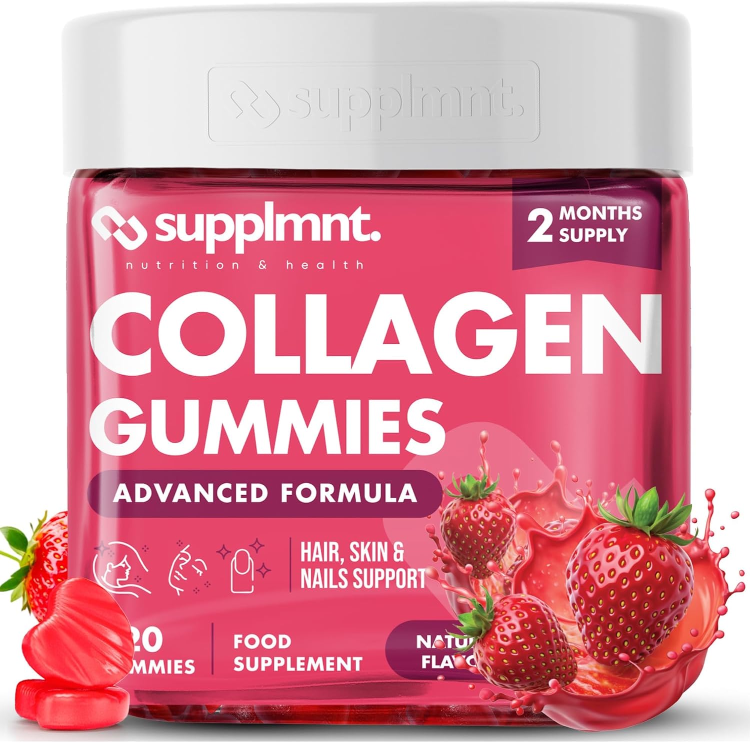 Supplmnt Marine Collagen Gummies, 2 Months Supply Hydrolysed Collagen Peptides w/Biotin, Hyaluronic Acid & Vitamin C, Collagen Supplements for Women & Men, Collagen for Skin, Hair & Nails (Strawberry)