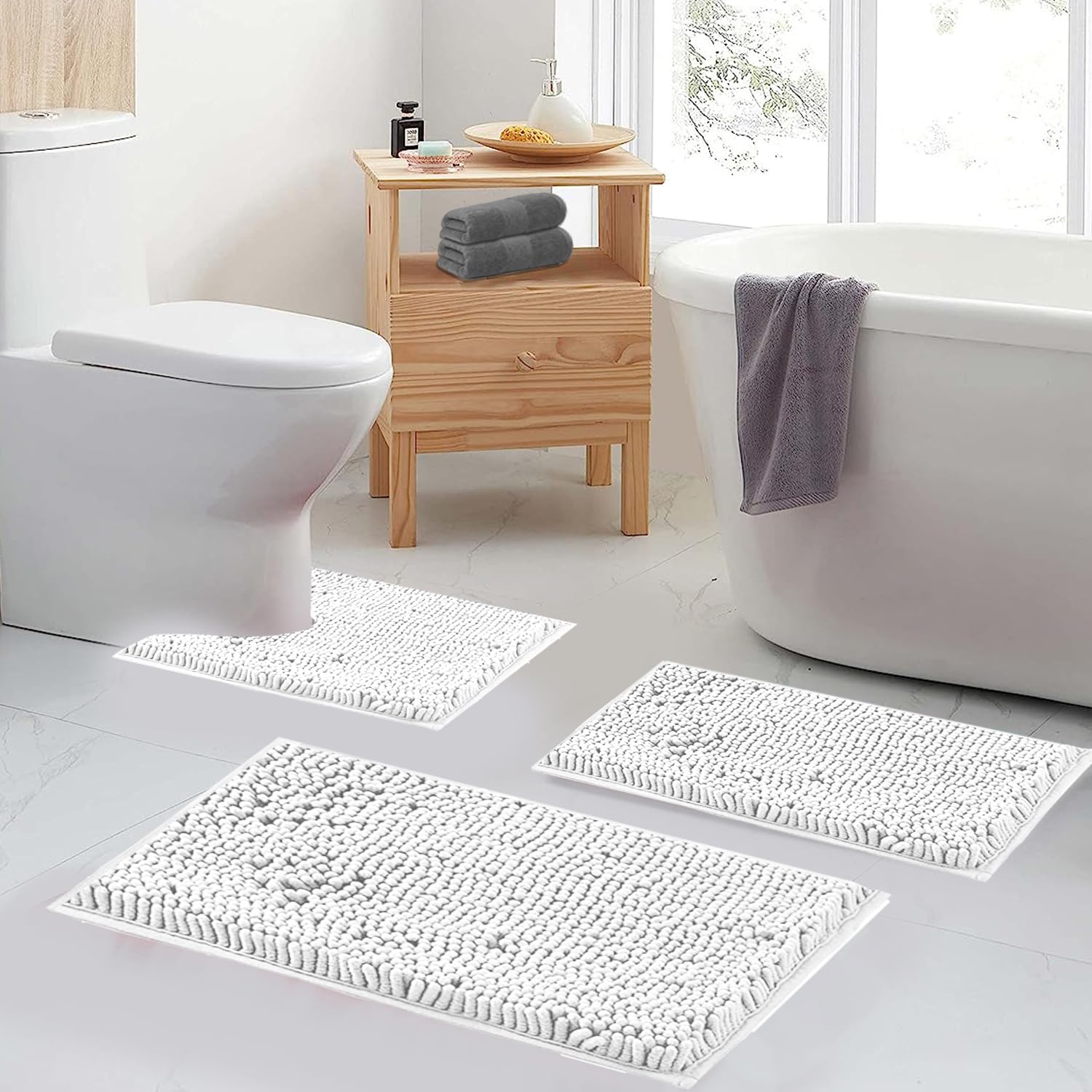 RUN HELIX Badezimmerteppiche und -matten-Set, 2-teiliges Chenille-Badteppich-Set, maschinenwaschbar, rutschfest, saugfähig, zotteliger Badteppich für Badezimmer, Dusche und Badewanne (50,8 x 81,3 cm +