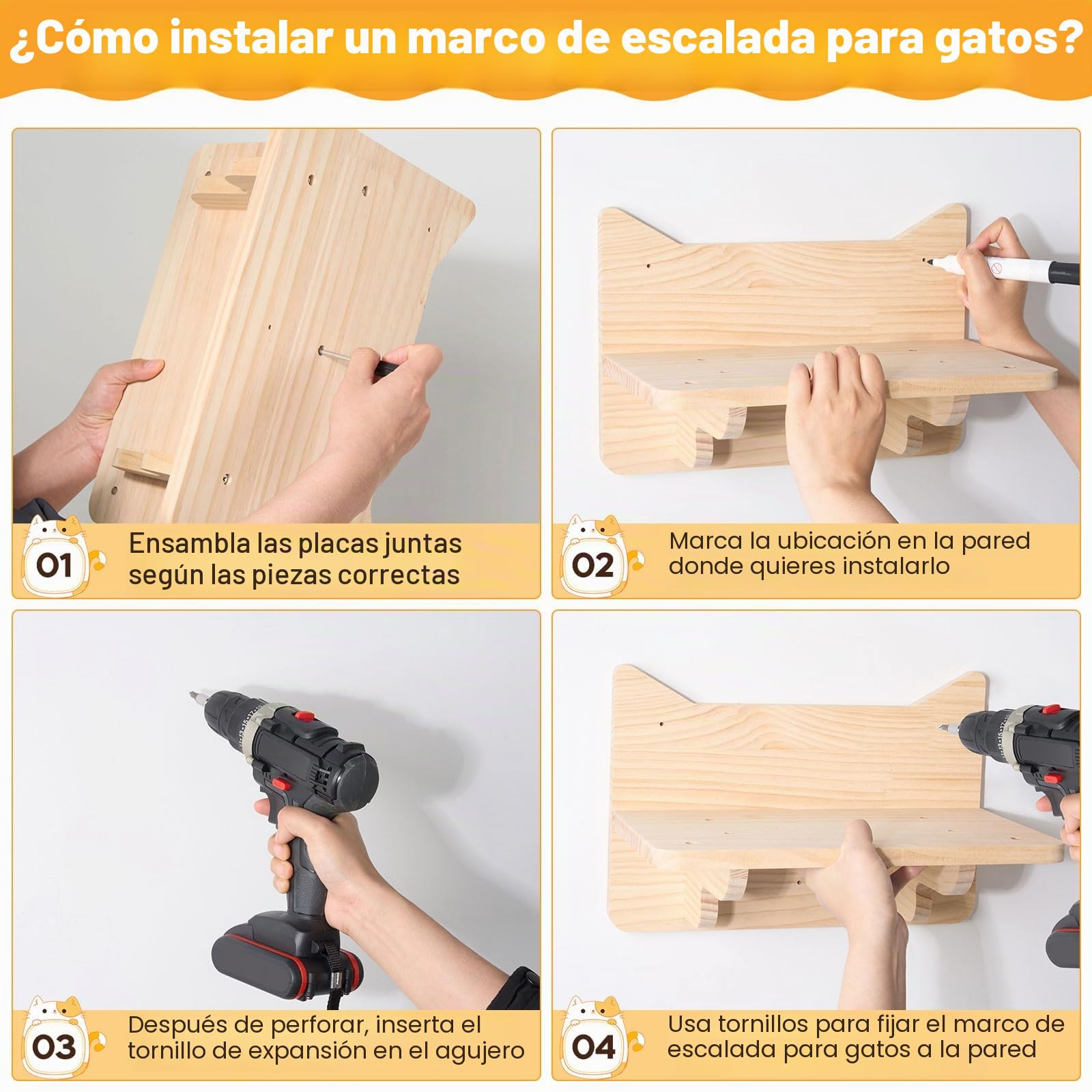 Juego de Pared de Escalada para Gatos - 5 Piezas, 3 Niveles, Escalera Con 2 Bolas de Peluche, Estable, Cama y Cueva