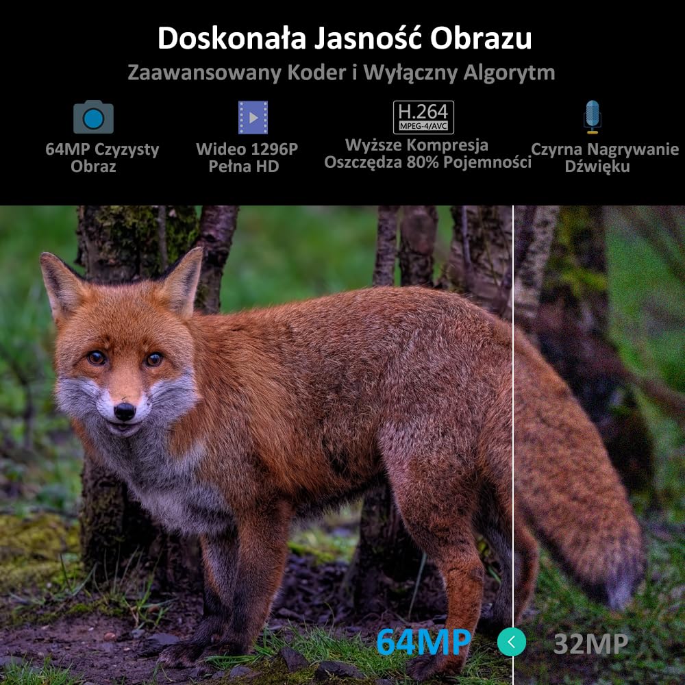 GardePro A3S kamera leśna z kartą SD o pojemności 64GB, kamera do obserwacji dzikich zwierząt 64MP 1296P H.264 z jasnym zakresem 30m bez podświetlenia na podczerwień, 0,1s szybki spust z widocznością