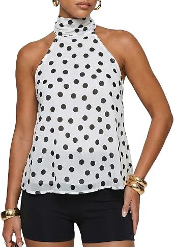 BAIGRAM Women Sleeveless Polka Dot Mesh Halter Tank Backless Flowy Peplum Tops Tie Up Scarf Mock Neck Cami Summer Going Out